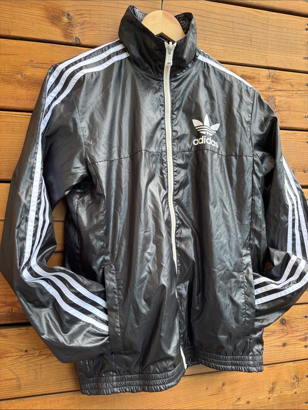 adidas reversible Black Track Jacket with White Three-Stripe and Logo Print